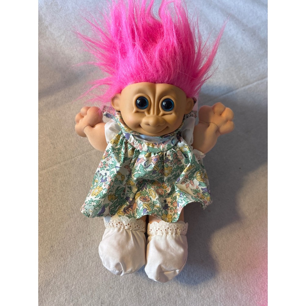 Vintage Russ Berrie Troll Doll Pink Hair Blue Eyes Floral Dress 90s Toy 2318